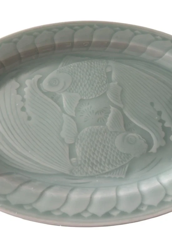 Longquan Celadon Koi Fish Platter 14 inch Green Glaze Mid-Century Abundance - Picture 7 of 7
